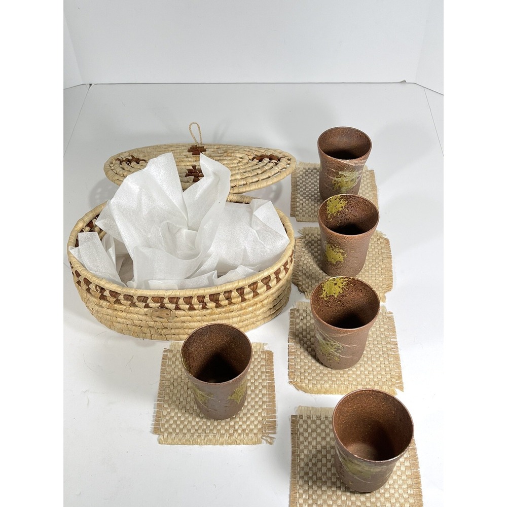 Asian Tea Sewing Basket + 5 Handmade Stoneware Teacups + Coasters vintage unique